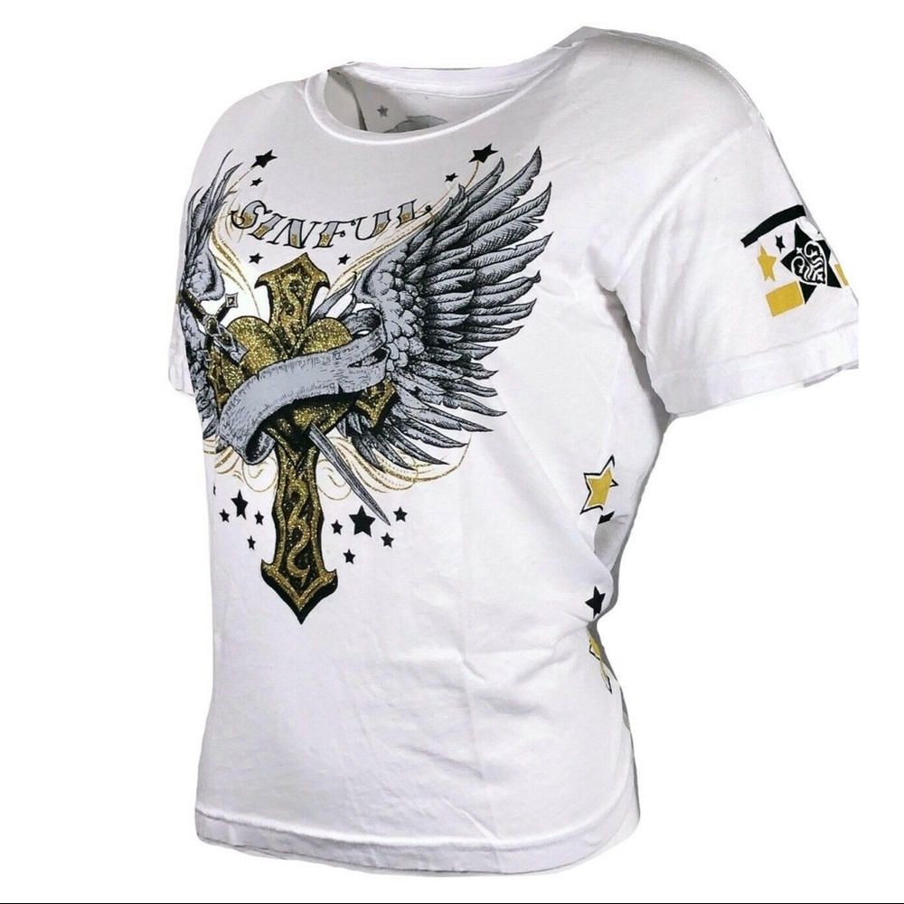Sinful Affliction NWT Salem Skull with Angel Wings Edgy Top Large